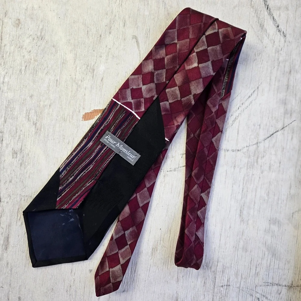 Vintage Pour Monsieur NY Paris Burgundy Diamond Geometric Silk‎ Tie 56
